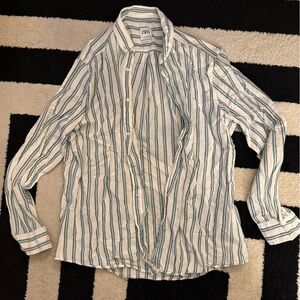 Zara Linen Blend Button Up - Green and White